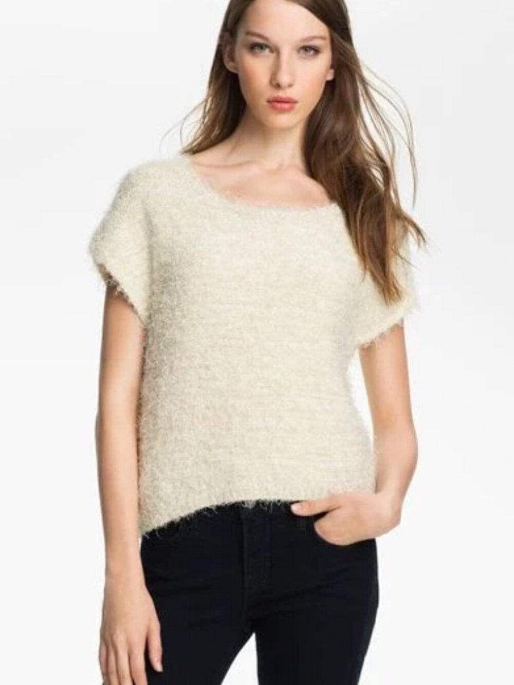 VINCE CAMUTO Beige Eyelash Knit Sweater w/Metallic Threads Throughout NWT $99.00